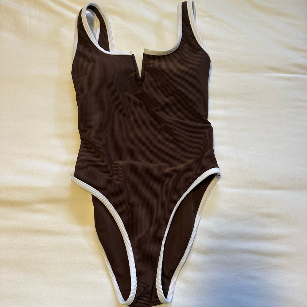 Lainsnow Brown One-Piece Swimsuit with White Trim